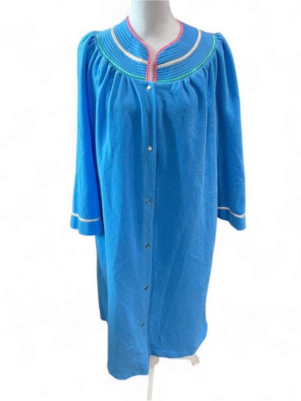 Vintage 80’s Blue Button-Front Women's Robe with Contrast Trim